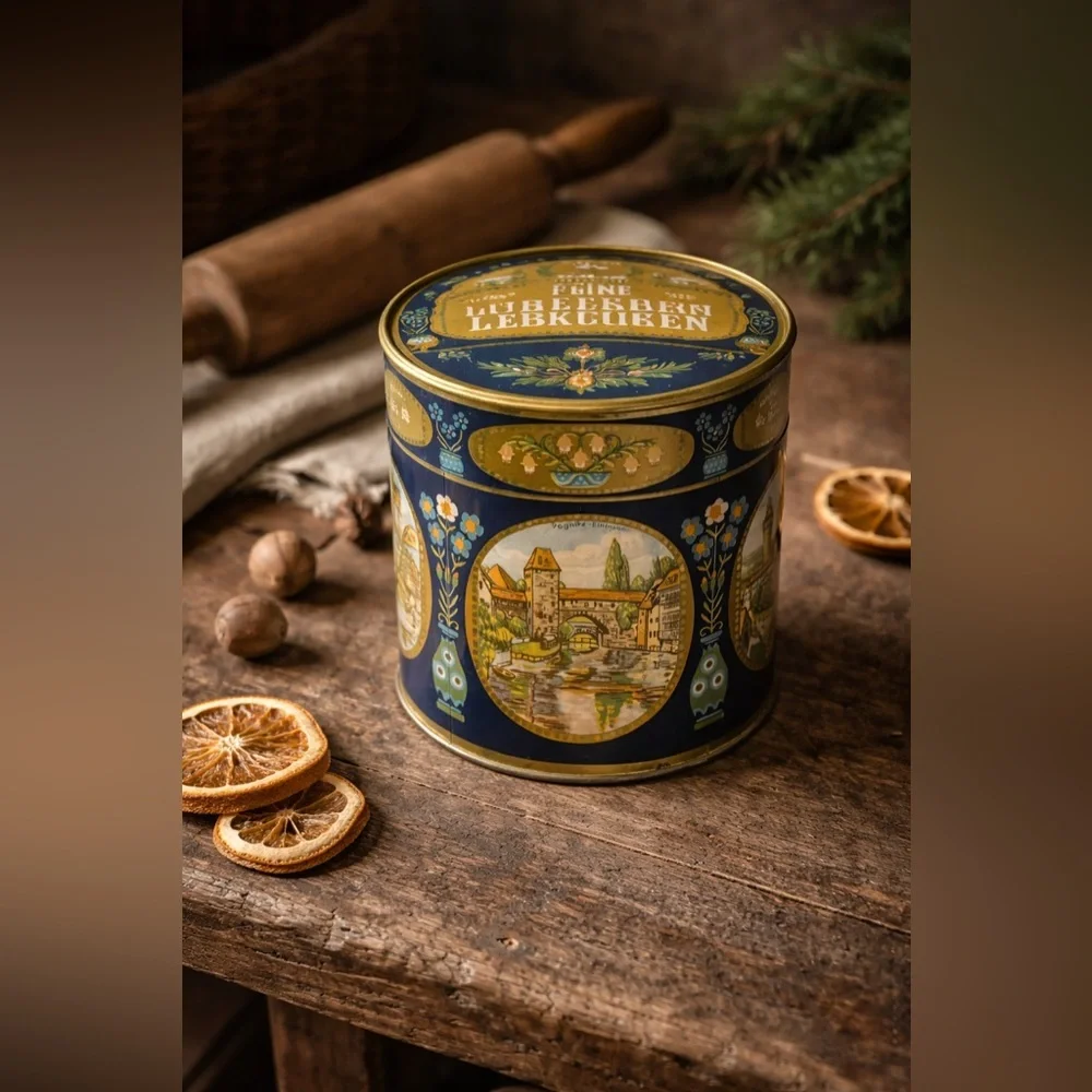 Vintage German Nürnberg Lebkuchen Tin Blue Gold Folk Art Canister